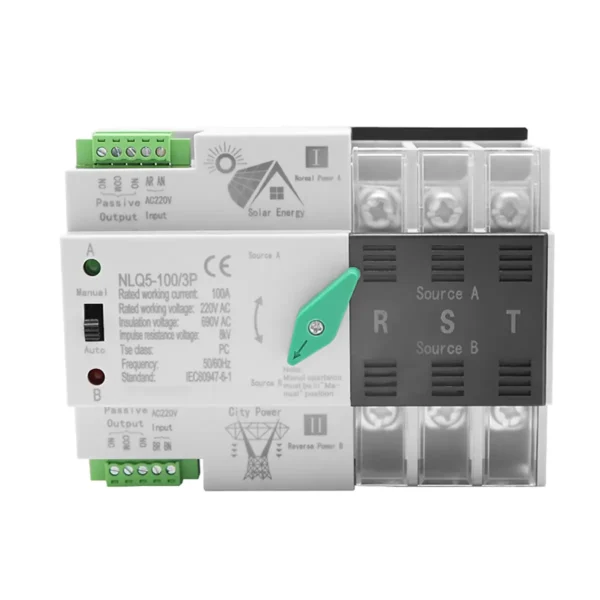 NLQ5-125 3P 1 Rail Dual Power Three Phase PC Automatic Transfer Switch 3P 100A AC220V Photovoltaic ATS Copper Material CCC/CE Certified 20kA