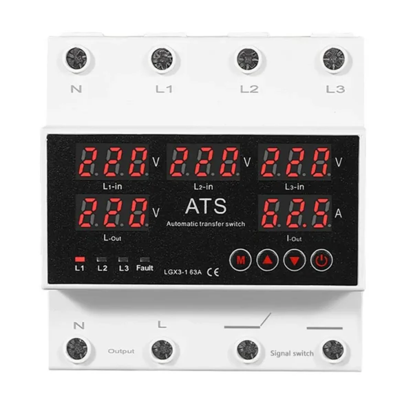3相6显 4 63A 3-Way Automatic Transfer Switch (ATS) Power Transfer Switch with Over Voltage, Under Voltage and Over Current Protection