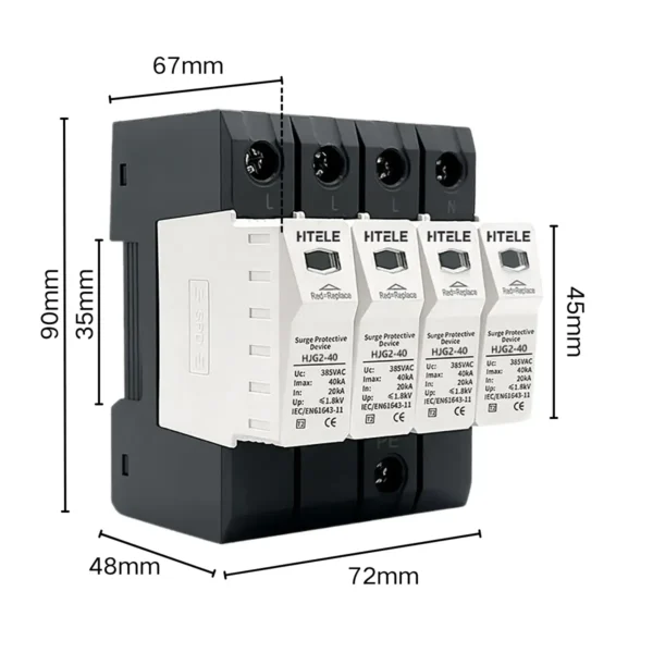 HTELE HJG2-40 Type 2 AC Surge Protection Device (SPD) 4P 40kA DIN Rail Lightning Protection for Solar PV Systems