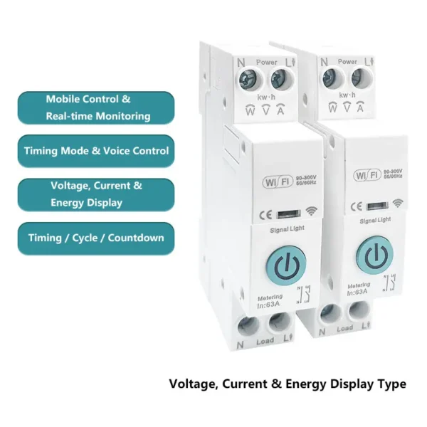 1P+N 63A WiFi Smart Circuit Breaker with Voltage, Current and Energy Monitoring Remote ON/OFF Control