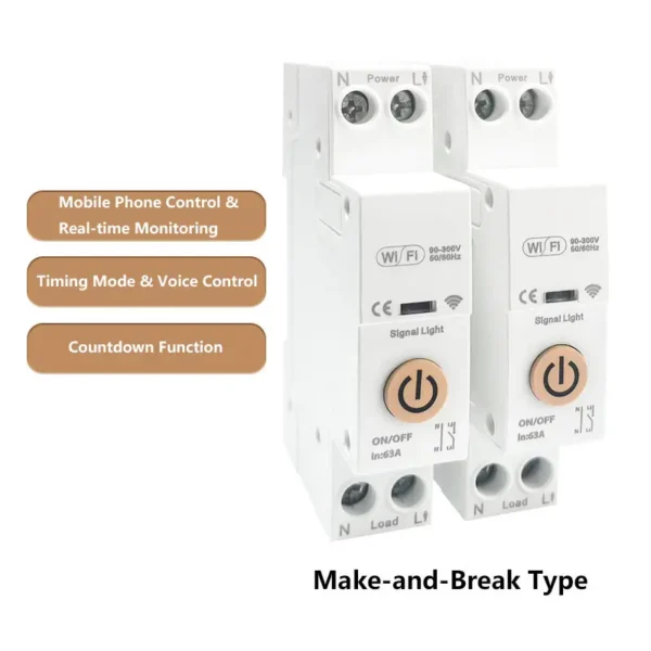 1P+N 63A WiFi Smart Circuit Breaker with Remote ON/OFF Switching Control